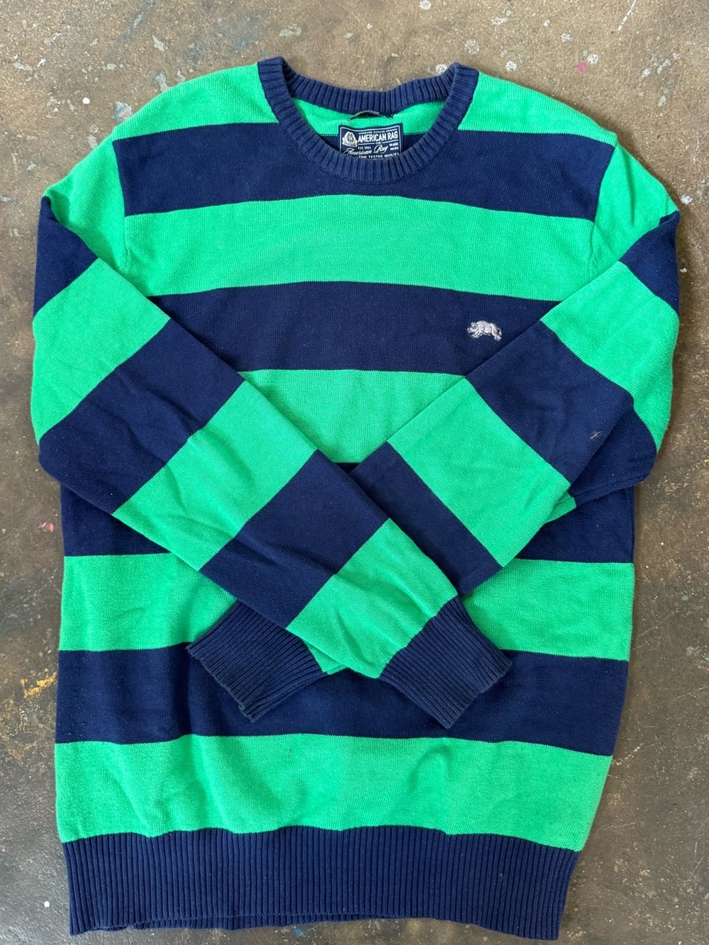 American Rag Men's Navy and Green Striped Crewneck Sweater